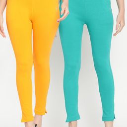 TAG 7 Women Yellow & Turquoise Blue Pack of 2 Straight Fit Ankle-Length Leggings-image-77