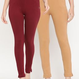 TAG 7 Women Maroon & Beige Set Of 2 Leggings-image-100