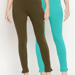 TAG 7 Set Of 2 Olive Green & Turquoise Blue Solid Leggings-image-47