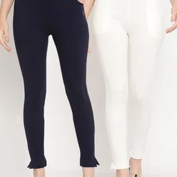 TAG 7 Women Set of 2 Navy Blue & Off White Ankle Length Leggings-1