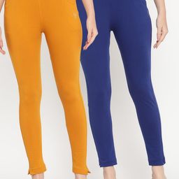 TAG 7 Women Blue & Mustard Yellow Pack of 2 Straight Fit Ankle-Length Leggings-image-95
