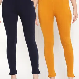 TAG 7 Women Navy Blue & Mustard Yellow Pack of 2 Straight Fit Ankle-Length Leggings-image-31