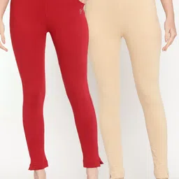 TAG 7 Women Set Of 2 Solid Beige & Red Leggings-image-21