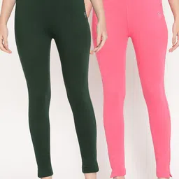 TAG 7 Set Of 2 Green & Pink Solid Leggings-image-5