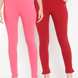 TAG 7 Set Of 2 Pink & Red Solid Leggings-picture-2
