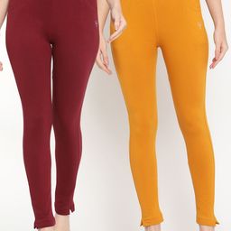 TAG 7 Women Maroon & Mustard Yellow Pack of 2 Straight Fit Ankle-Length Leggings-image-66