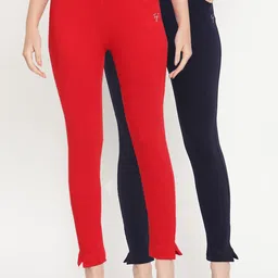 TAG 7 Women Set of 2 Red & Navy Blue Ankle Length Leggings-image-61