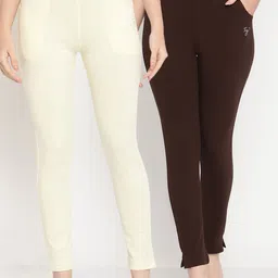 TAG 7 Women Set of 2 Cream-Colored & Brown Ankle Length Leggings-image-68