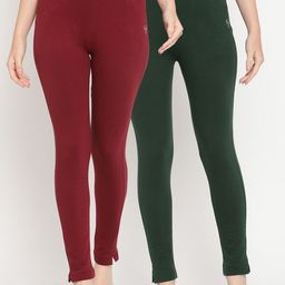 TAG 7 Women Pack of 2 Maroon & Green Solid Kurti Pants-image-88