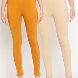 TAG 7 Women Beige & Orange Pack of 2 Straight Fit Ankle-Length Leggings-image-49