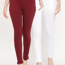 TAG 7 Set Of 2 Maroon & White Solid Leggings-34