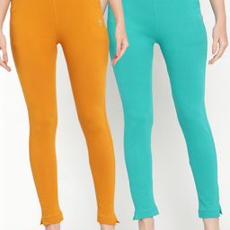 TAG 7 Women Pack of 2 Mustard Yellow & Turquoise Blue Solid Kurti Pants-image-9