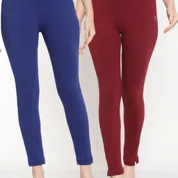 TAG 7 Women Set of 2 Maroon & Blue Ankle Length Leggings-26