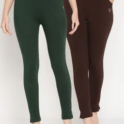 TAG 7 Women Green & Brown Set Of 2 Solid Ankle Length Leggings-picture-7