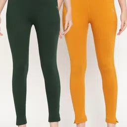 TAG 7 Women Green & Mustard Yellow Pack of 2 Straight Fit Ankle-Length Leggings-image-11