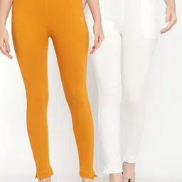 TAG 7 Set Of 2 Mustard Yellow & White Solid Leggings-picture-43
