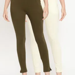 TAG 7 Set Of 2 Olive Green & Off White Solid Leggings-image-49