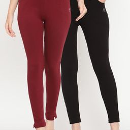 TAG 7 Set Of 2 Maroon & Black Solid Leggings-3
