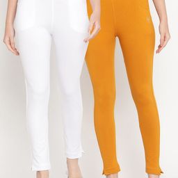 TAG 7 Women Pack of 2 Mustard Yellow & White Solid Leggings-picture-3