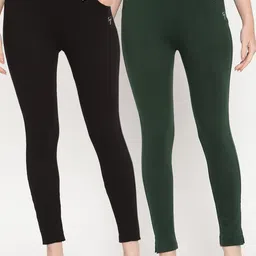 TAG 7 Set Of 2 Green & Black Solid Leggings-image-96