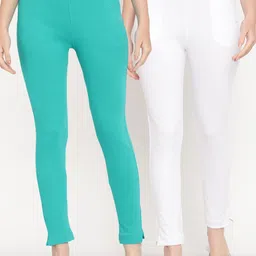 TAG 7 Women Turquoise Blue & White Pack of 2 Straight Fit Ankle-Length Leggings-image-91