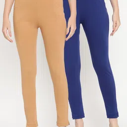 TAG 7 Women Set of 2 Beige & Blue Ankle Length Leggings-image-24