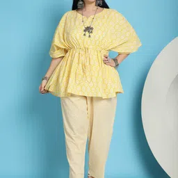 TAG 7  Plus Size Floral Printed Notch Neck Kaftan Sleeves Pure Cotton Tunic & Trouser-image-80
