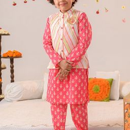 pspeaches Boys Ethnic Motifs Printed Pure Cotton Kurta with Pyjamas & Nahru Jacket-17