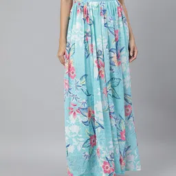 SCORPIUS Women Blue & Pink Printed Flared Maxi Skirt-image-20