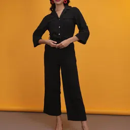 Freehand by The Indian Garage Co Shirt Collar Three-Quarter Sleeves Waist Tie-Ups Culotte Jumpsuit-picture-17