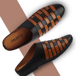 FAUSTO Men Black Striped PU Mules-picture-19