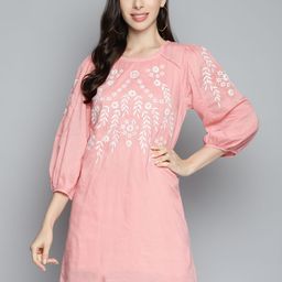 SCOUP Peach-Coloured & White Floral Embroidered Pure Cotton A-Line Dress-10
