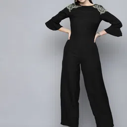 SASSAFRAS Black Basic Solid Jumpsuit with Lace Inserts-picture-10