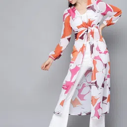 SASSAFRAS Women White & Orange Printed Longline Tie-Up Shrug-picture-51