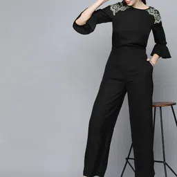 SASSAFRAS Black Basic Solid Jumpsuit with Lace Inserts image 3