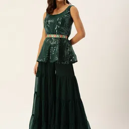 Ethnovog Women Green Empire Sequinned Kurta with Sharara-image-74