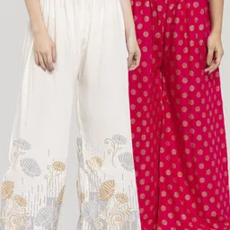 Clora Creation Pack of 2 Women White & Pink Ethnic Motifs Printed Knitted Palazzos-78