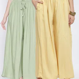 Clora Creation Women Pack Of 2 Green & Yellow Solid Flared Palazzo-image-58