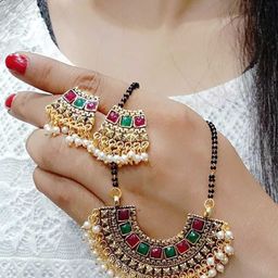 DEGHLAM Gold-Plated Artificial Stones Studded and Beaded Mangalsutra Set-image-27