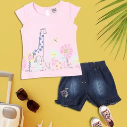 MeeMee Girls Pink & Navy Blue Printed T-shirt with Shorts-image-37