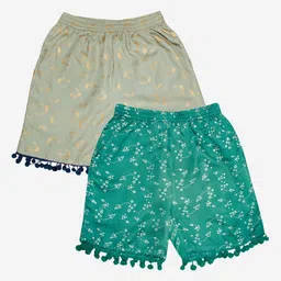 KiddoPanti Girls Pack of 2 Grey & Green Printed Shorts-image-71