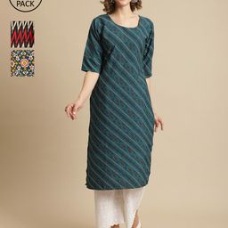 7threads KALINI Pack of 3 Geometric Printed A-Line Regular Crepe Kurtas image 1