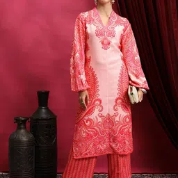 Vishudh Pink Ethnic Motifs Printed V-Neck Straight Kurta with Palazzos-picture-8