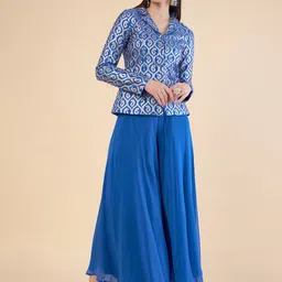 ADORNIA Woven Design Lapel Collar Jacket and Organza Palazzo-14