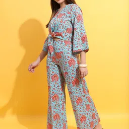 Vishudh Blue & Red Floral Printed Knotted Top With Palazzos-14