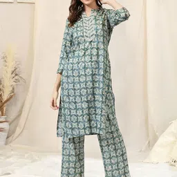 KALINI Blue & Cream Coloured Printed Mirror Work Kurta With Palazzos-22