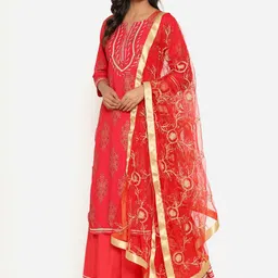 Fabriko Women Red Ethnic Motifs Printed Gotta Patti Kurta with Palazzos & With Dupatta-picture-22
