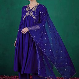 Sangria Blue Floral Embroidered Sequinned V-Neck A-Line Kurta With Palazzo & Dupatta-picture-40