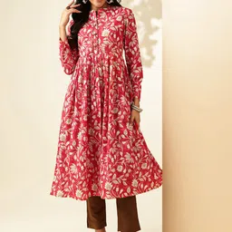Anouk Floral Printed Mandarin Collar Long Sleeves Pleated Pure Cotton Kurta with Palazzos-picture-50