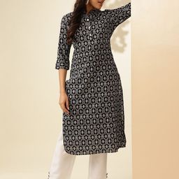 Anouk Black Ethnic Motifs Printed Shirt Collar Curved Pure Cotton Straight Kurta & Trouser-35